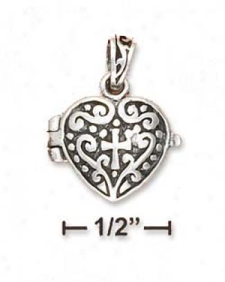 Sterling Soft and clear  13mm Scrolled Heart Locket Pendant Cross