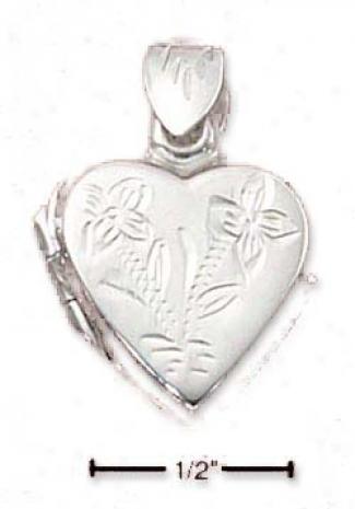 Sterling Silver 15mm Heart Locket Pendant 2 Stamped Flowers
