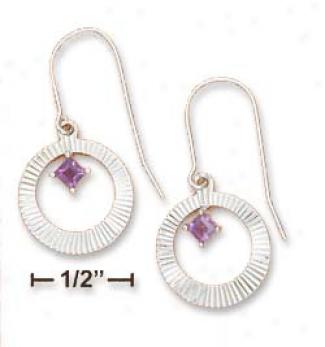 Genuine Silver 15mm Ridged Earrings With 3mm Amethyst