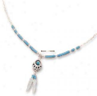 Genuine Silver 16 In Lx Necklace Turquoise Bear-paw Feather