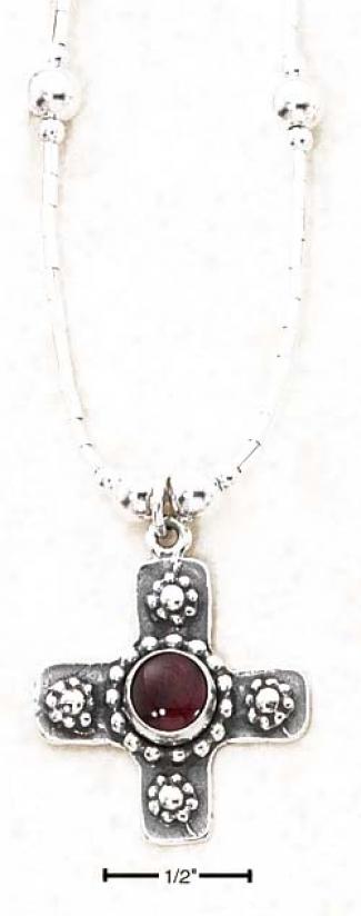 Sterling Silver 16 In. Ls Necklace With Garnet Flowers Cross