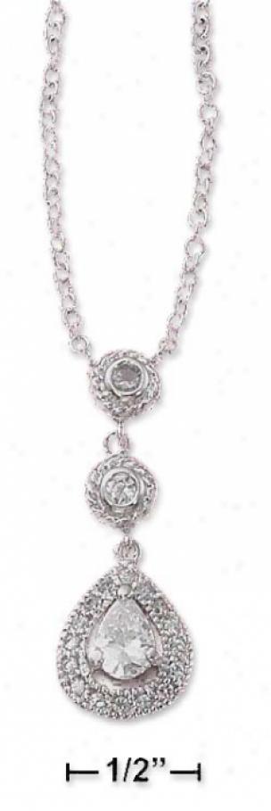 Sterling Silver 16 In. Necklace With Round And Tear Cz Drops