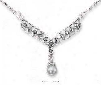 Sterling Silver 16 Inch Marcasite Synth Pearl Drop Necklace