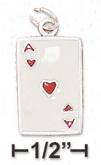 Sterling Silver 17mm Enamel Ace Of Hearts Card Charm