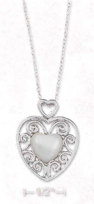Genuine Silver 18 In Cable Nexklace With Mop Heart In Frame