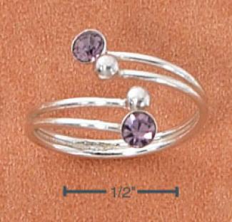 Sterling Silver 2 End Balls 2 Purple Crystals Toe Ring