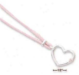 Genuine Silver 20 In. Pink Cord Open Heart Pink Cz Neckace