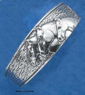 Sterling Silver 22mm Wide Textured Cuff Three Horse-heads