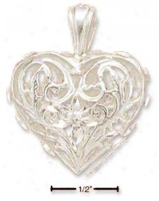 Genuine Silver 25mm Diamond Cut Filigree Heart Charm