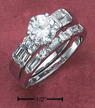 Sterling Silver 2pc Set 7mm Cz Withh Bag Czs Baguette Cz Ring