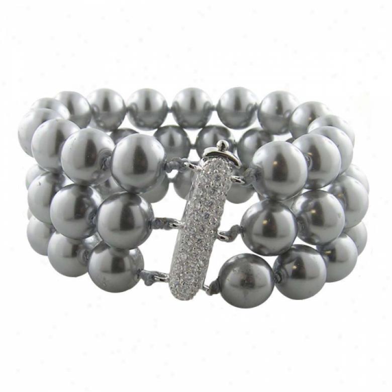 Sterling Silver 3 Row Grey Pearls And Cz Pearl Bracelet