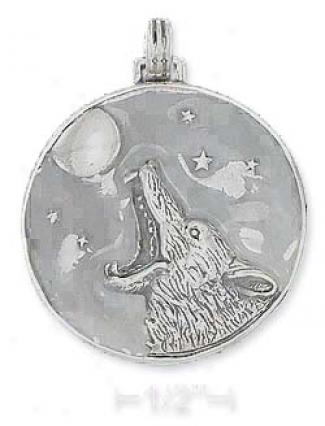 Sterling Silver 32mm Enameled Disk Howling Coyote Moon Stars