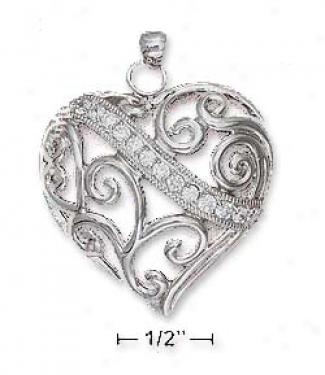 Sterling Silver 32mm Filigree Heatr Pendant With Cz Banner