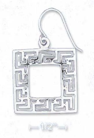 Sterling Silver 3/4 In Greek Key Square French Wire Earrings