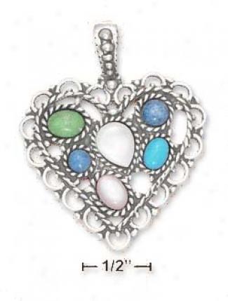 Sterling Silver 35mm Lacy Multi Stone Antiqued HeartP endant