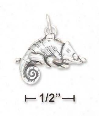 Sterling Silver 3d Antiqued Chameleon Charm With Curled Tail