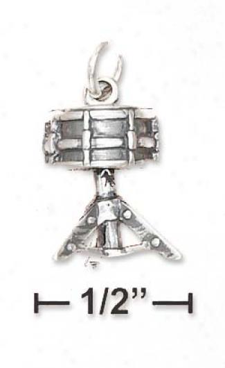 Sterling Silver 3d Antiqued Single Drum On Stand Charm