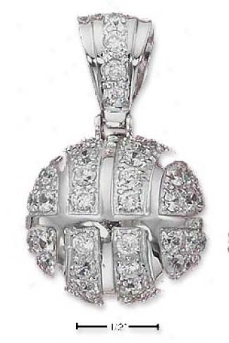 Sterling Silver 3d Large Cz Basketball Pendant