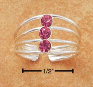 Sterling Silver 4 Fanned Band Rings Toe Ring 3 Pink Crystals