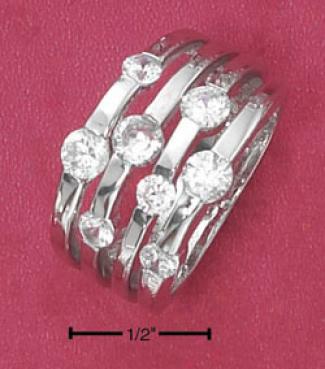 Sterling Silver 4 Row Scattered Clear Round Cz Tapered Ring