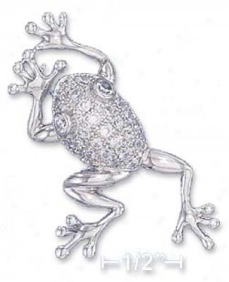 Sterling Silver 46mm Long Frog Pin With Cz Body And Eyes