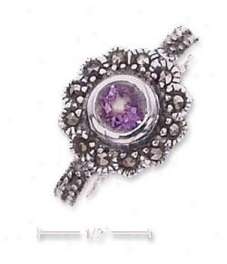Sterling Silver 5mm Round Amethyst Marcasite Border Ring