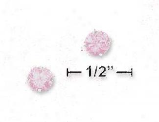 Sterling Silver 5mm Round Pink Cz Post Earrings