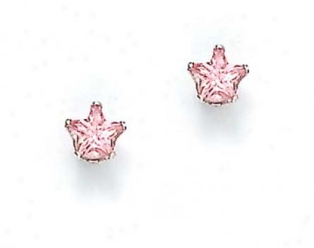 Sterling Silver 5mm Star Pink Cz Earringgs