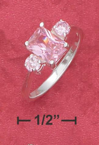 Sterling Silver 5x8 Pink Cz With 3mm Pink Cz On Sides Ring