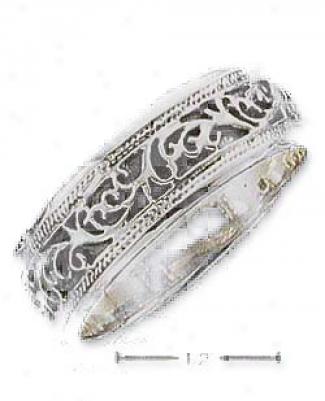Sterling Silver 6mm Antiqued Feathered Design Ring Wigh Edge