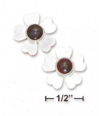 Sterling White 6mm Garnet Flower Post Earrings - 1/2 Inch