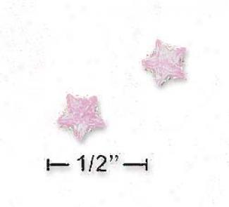 Sterlnig Silver 6mm Pink Cz Star Post Earrings