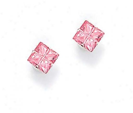 Stsrling Silver 6mm Square Pink Cz Stud Earrings
