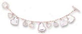 Sterling Silver 7 Inch Multiple Hearts Charm Bracelet Toggle