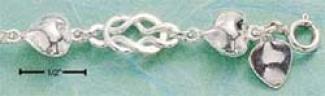 Sterling Silver 7 Inch Puff Heart And Knotted Loop Bracelet