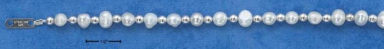 Sterling Silver 7.5 In. Fw Pearl Bracelet 3mm Silver Spacers