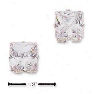 Sterling Silver 7mm Square Cubic Zirconia Post Earrings