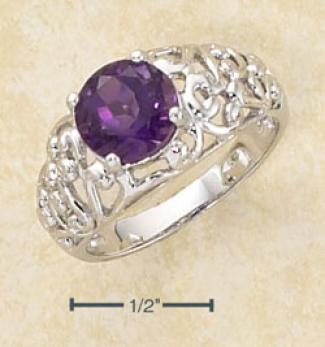 Stterling Silver 8mm Amethyst Stone Open Scroll Dome Ring
