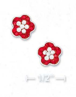 Sterling Silver 8mm Red White Crystal Flower Post Earrings