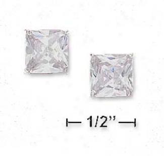 Sterling Silver 8mm Square Princess Cut Cz Post Earriings