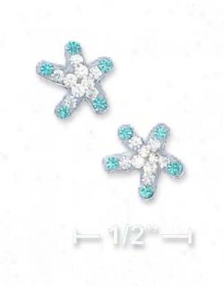 Sterling Silver 9m Lt Blue White Crystal Star Post Earrings