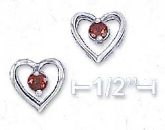 Genuine Silver 9mm Open Heart 3mm Garnet Post Earrings