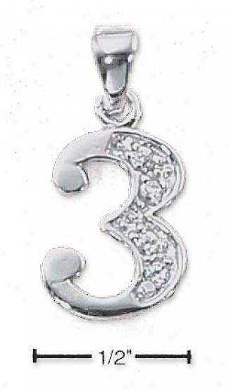 Sterling Silver And Cz Number 3 Charm - 1/2 In With Out Bail