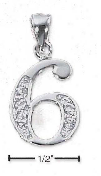 Sterling Silver And Cz Number 6 Charm - 1/2 In With Out Bail