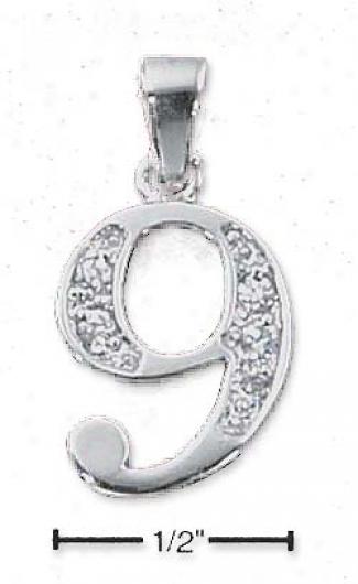 Sterling Silver And Cz Number 9 Charm - 1/2 In With Out Bail