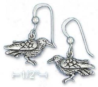 Sterling Silver Antiqued 11x19mm Raven French Wire Earrings