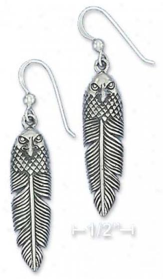 Sterling White Antiqued 9x31mm Eagle Head Feather Earrings
