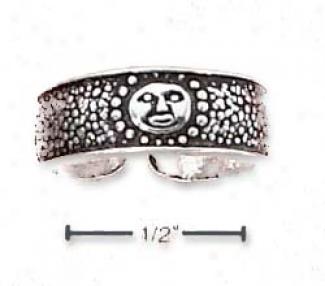 Sterling Silver Antiqued Background With Sun Faces Toe Ring