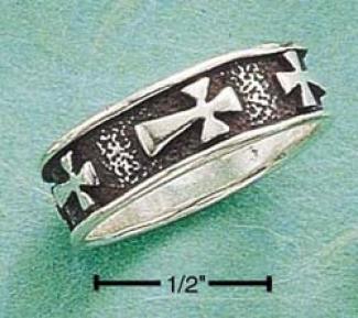 Sterling Silver Antiqued Band Ring With Side Lying Croses