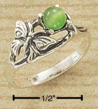 Sterling Silver Antiqued Buttterfly Round Green Cat Eye Ring